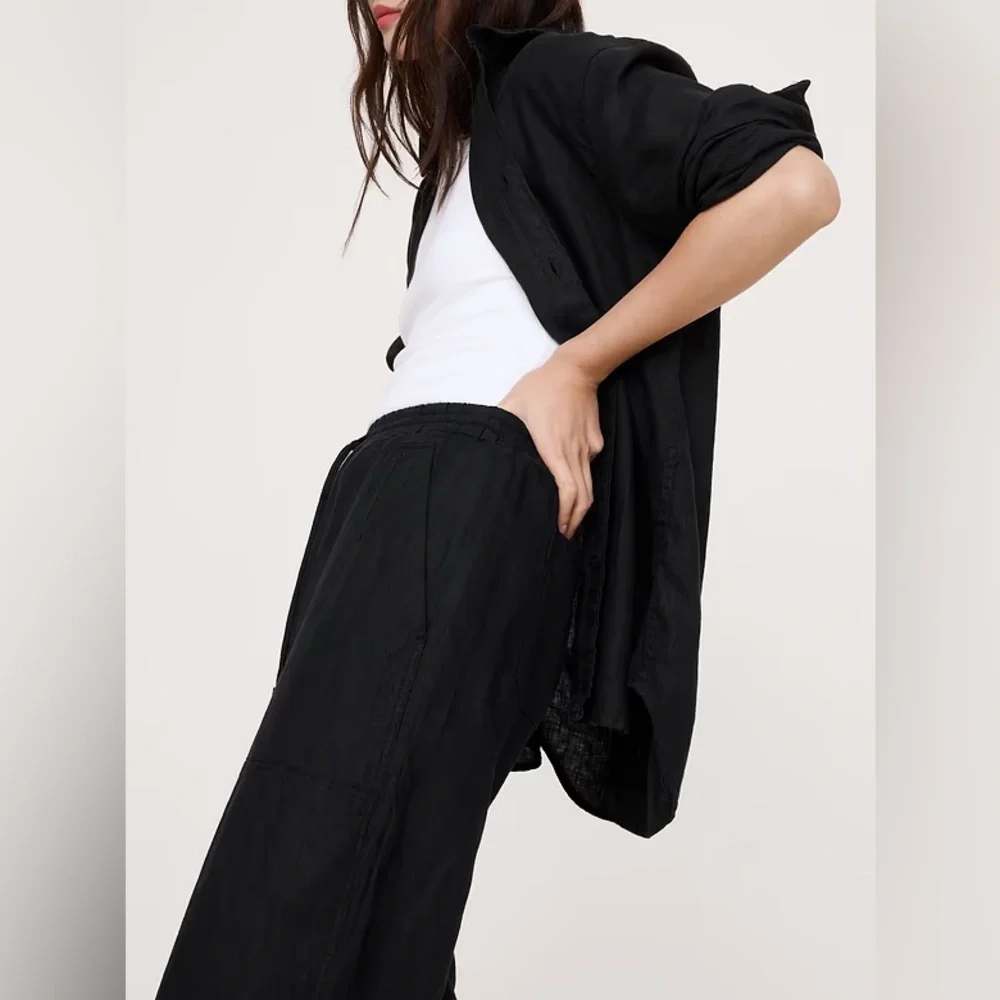 NWT! Banana Republic Black Linen Barrel Leg Pull On Pants - Size Large Tall 🖤